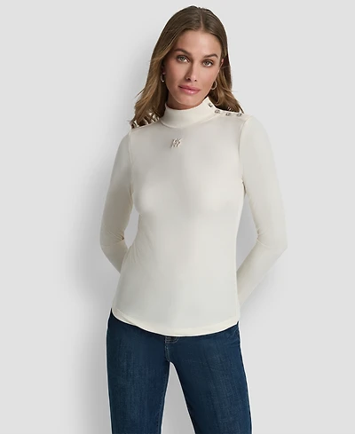 Dkny Jeans Women's Jewel Button Shoulder Mock Neck Long-Sleeve T-Shirt