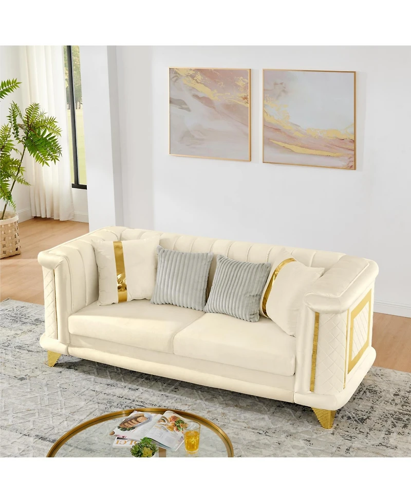 Streamdale Furniture 89" Velvet Sofa, Gold Trim, Tufted Couch with Pillows, Beige