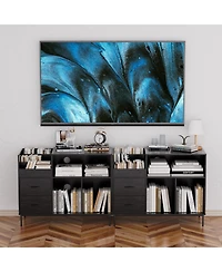 Streamdale Furniture Record Player Stand with Power Outlet, Flip-Down Lid, Storage, Black Wood Grain