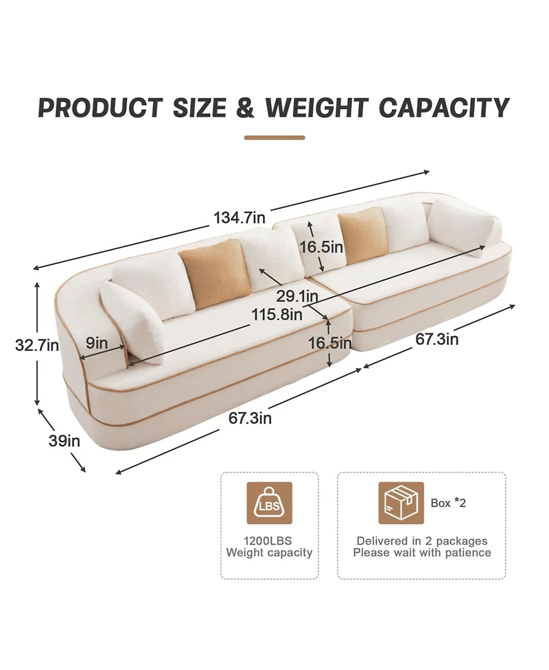 Streamdale Furniture 135" Teddy Fabric No Assembly 32D High Density Sponge Boneless Sofa, White