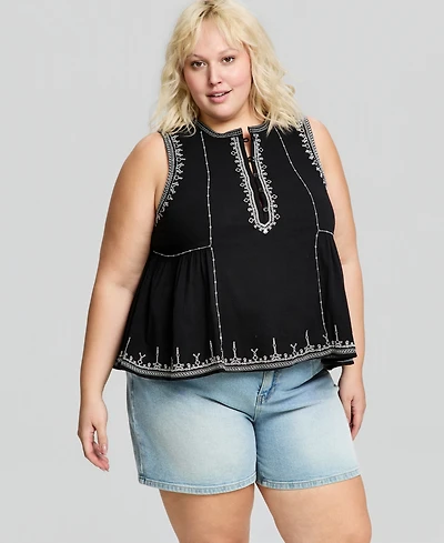 And Now This Trendy Plus Embroidered Cotton Sleeveless Top, Macy's Exclusive