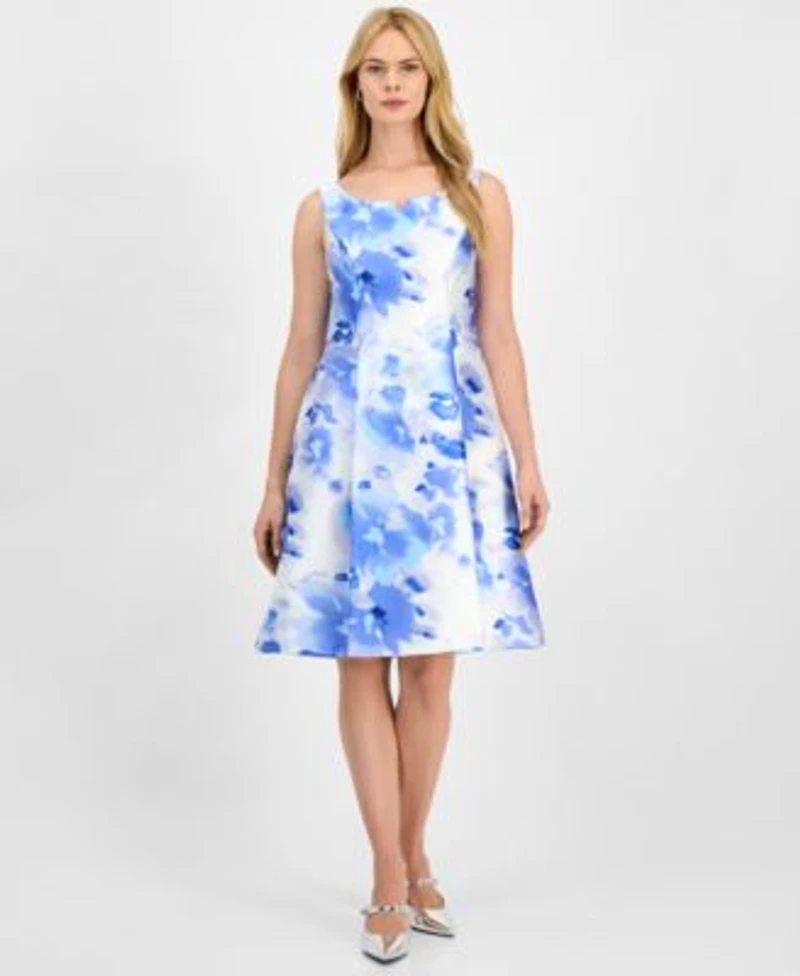 Connected Womens Scoop Neck Satin Pleated Waist Dress