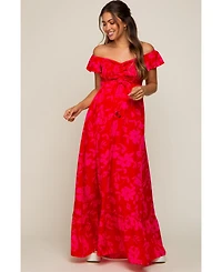 Pinkblush Maternity Red Floral Smocked Cinched Top Maxi Dress