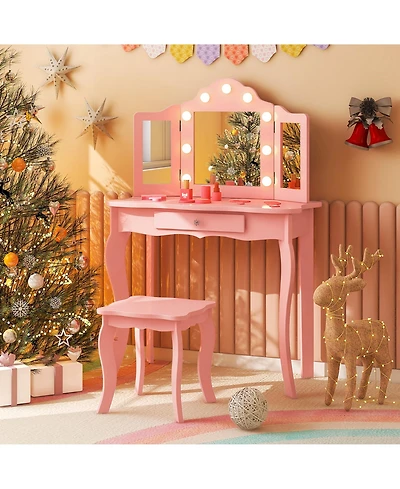 Costway Kid Vanity Table Stool Set Tri-Folding Mirror Adjustable 3-Color Led Light