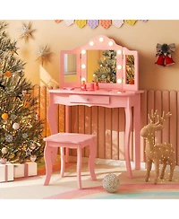 Costway Kid Vanity Table Stool Set Tri-Folding Mirror Adjustable 3-Color Led Light