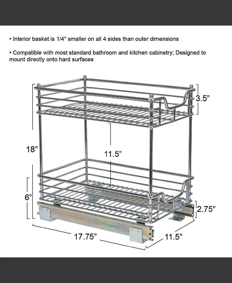 Household Essentials Glidez 11.5" W Steel Pull-Out Storage Organizer, 2-Tier Design, Chrome
