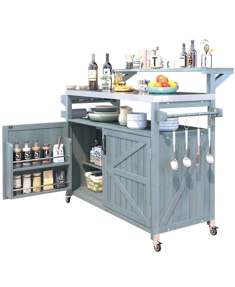 Clihome 53.3" Outdoor Kitchen Island with Raised Shelf, Solid Wood Outdoor Rolling Grill Cart with Internal Storage