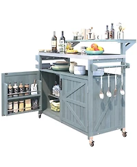 Clihome 53.3" Outdoor Kitchen Island with Raised Shelf, Solid Wood Outdoor Rolling Grill Cart with Internal Storage