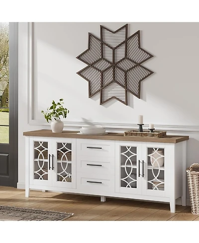 gaomon Farmhouse Tv Stand for 70" TVs, Mid-Century Console with Glass Door, 2 Doors, 3 Drawers and Shelves
