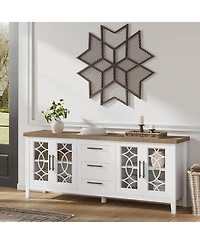 gaomon Farmhouse Tv Stand for 70" TVs, Mid-Century Console with Glass Door, 2 Doors, 3 Drawers and Shelves