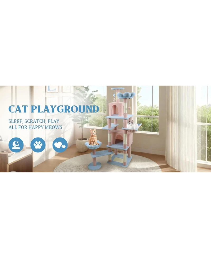 Zeus & Ruta 71" Blue Floral Cat Tree - Large Condo & Hammock