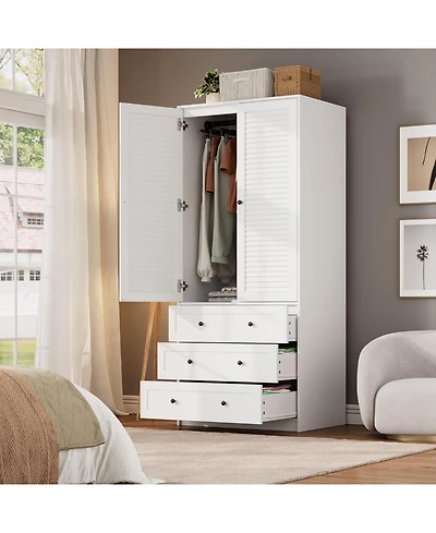 gaomon Modern Armoire Wardrobe Closet with 3 Drawers & 2 Doors, Tall Standing Wooden Cabinet for Hanging Clothes, Heavy Duty Storage