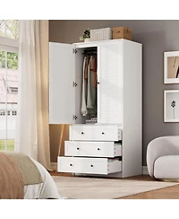 gaomon Modern Armoire Wardrobe Closet with 3 Drawers & 2 Doors, Tall Standing Wooden Cabinet for Hanging Clothes, Heavy Duty Storage