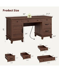 Gaomon 60" Farmhouse Executive Desk with File Drawers, Charging Station, Cabinet Storage, Home Office Computer Writing