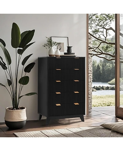 Gaomon 48" Tall Black 5-Drawer Fluted Dresser, Mid-Century Modern Storage Chest for Bedroom, Hallway & Living Room