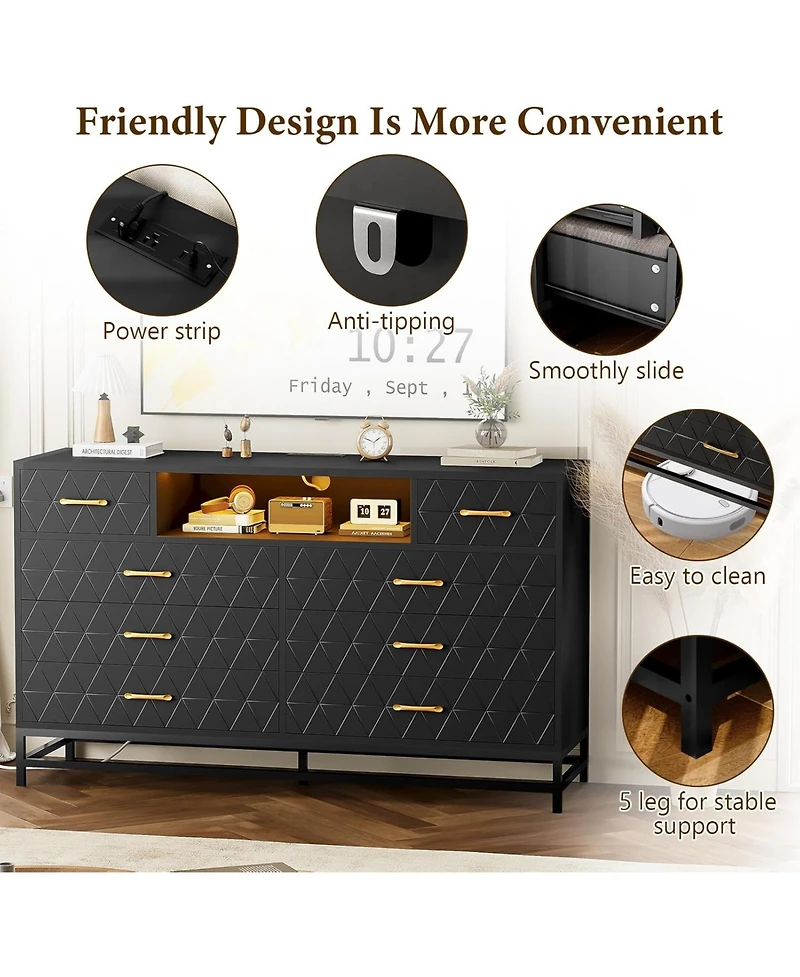 Gaomon 8 Drawer Dresser for Bedroom, Pink Dresser with Led Light, 55 Inch Tv Stand Dressers with Power Outlet