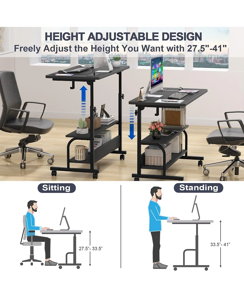 Aheaplus Small Height Adjustable Standing Desk with Power Outlets and Shelves, Max Height 41 Inches