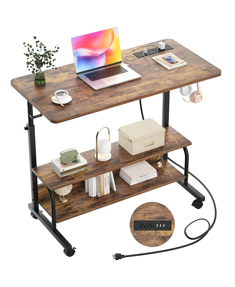 Aheaplus Small Height Adjustable Standing Desk with Power Outlets and Shelves, Max Height 41 Inches