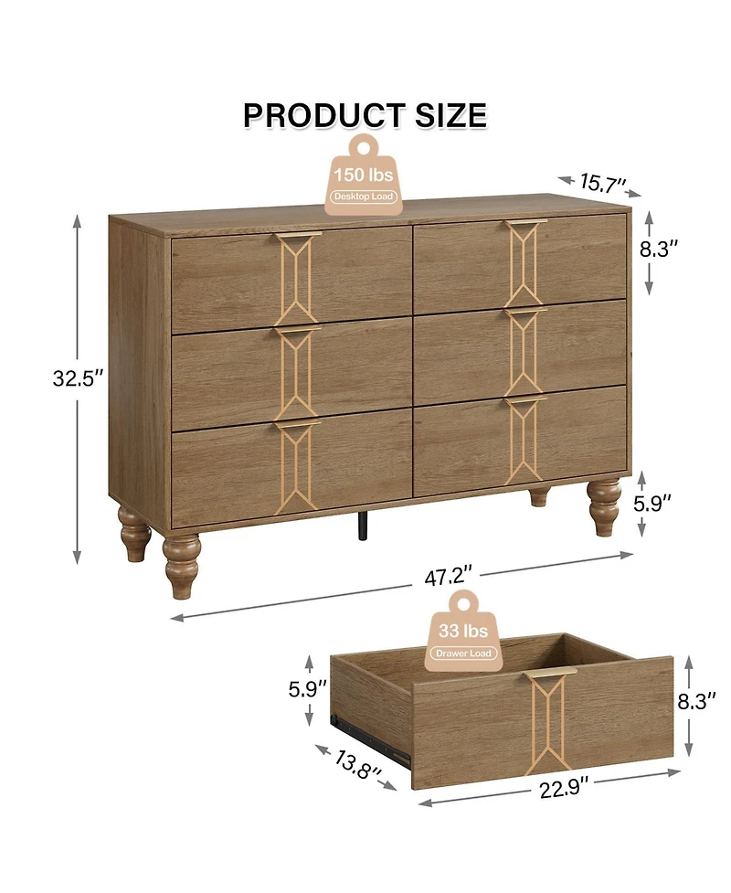 gaomon 6 Drawer Dresser with Vintage Pattern Design, Modern Chest Dresser