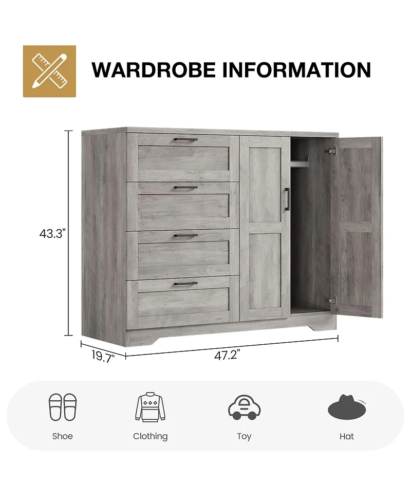 gaomon 43.3'' H Armoire Wardrobe Closet with 4 Drawers and 2 Doors, Hanging Rod