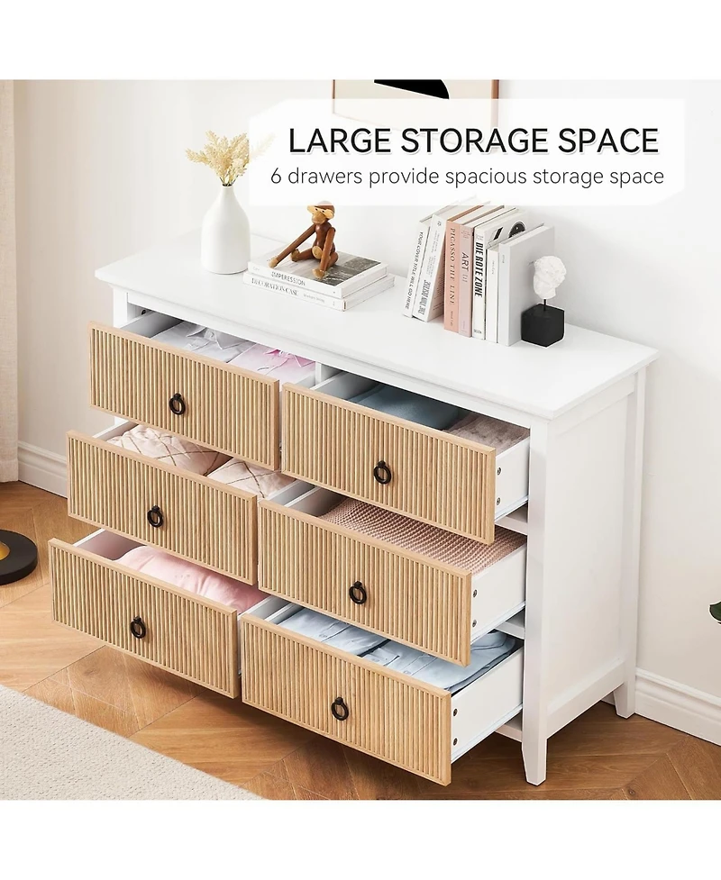 Gaomon 6-Drawer Modern Dresser with Fluted Panel Design, Wide Chest with Deep Storage Drawers and Tv Stand Function, Ideal for Bedroom, Natural White