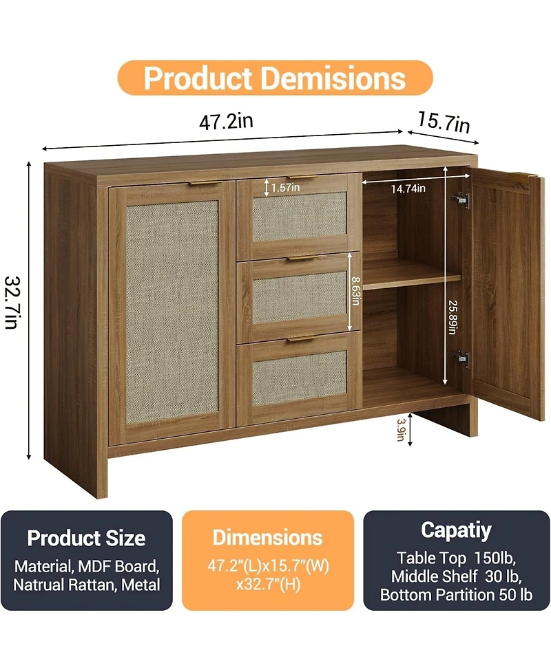 Gaomon 47" Rattan Sideboard Cabinet, Boho Credenza with Drawers & Doors, Coffee Bar Storage for Entryway/Living Room