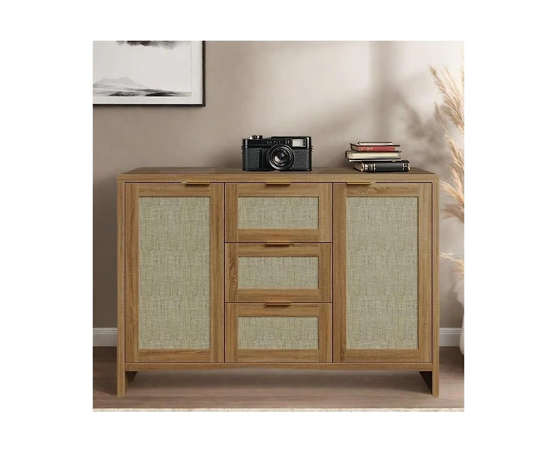 gaomon 47.2-Inch Rattan Buffet Sideboard Cabinet, Boho Credenza with Drawers & Doors, Wooden Coffee Bar Storage for Entryway or Living Room"