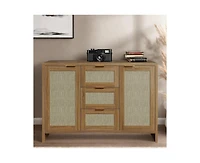 gaomon 47.2-Inch Rattan Buffet Sideboard Cabinet, Boho Credenza with Drawers & Doors, Wooden Coffee Bar Storage for Entryway or Living Room"