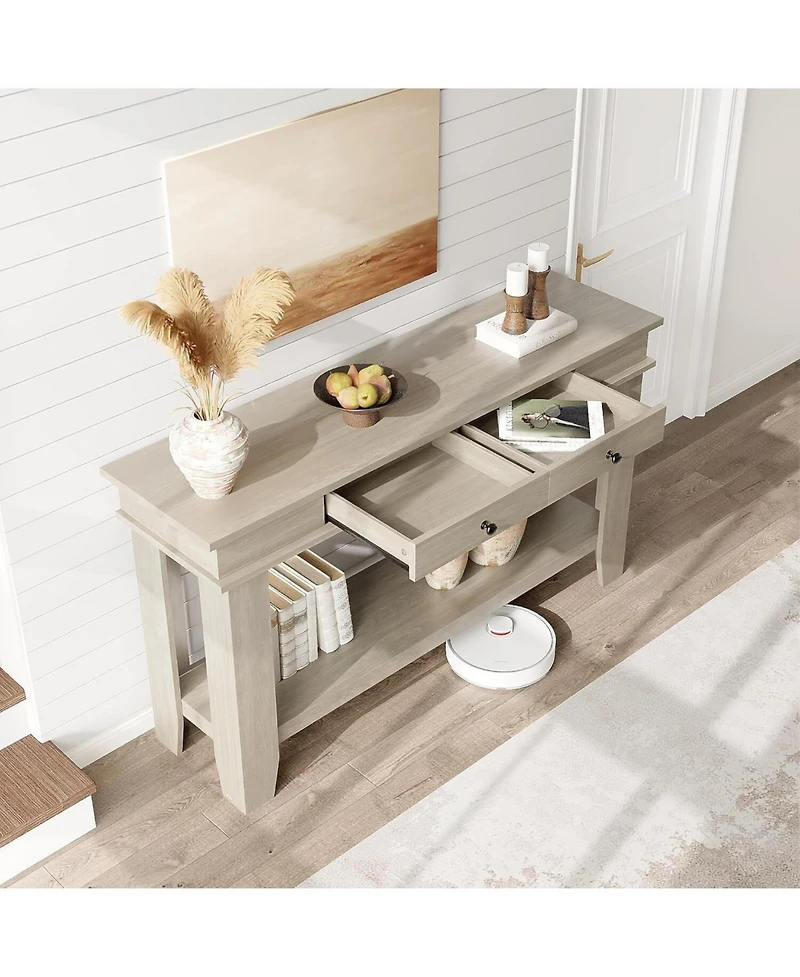 gaomon 54" Long Console Table, Wooden Entryway Table with 2 Drawers & Open Storage Shelf, Sofa Behind Couch, Farmhouse Entry Foyer