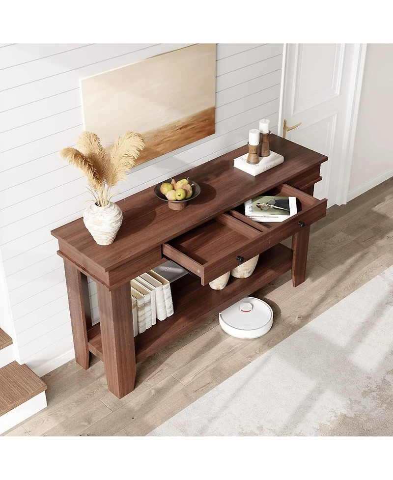 gaomon 54" Long Console Table, Wooden Entryway Table with 2 Drawers & Open Storage Shelf, Sofa Behind Couch, Farmhouse Entry Foyer B