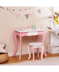 Gymax Kids Vanity Table Stool Set Pretend Play Makeup Desk with Whiteboard Markers