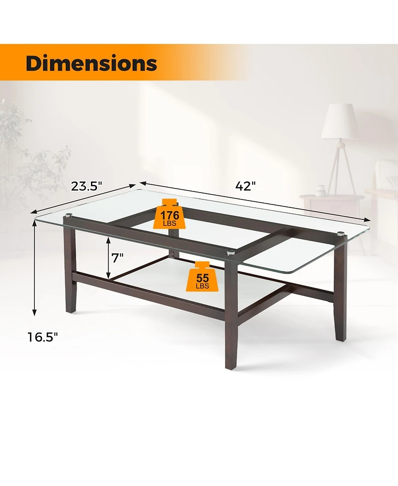 Gymax 2-Tier Glass Coffee Table w/ Storage Shelf Solid Rubber Wood Legs for Office