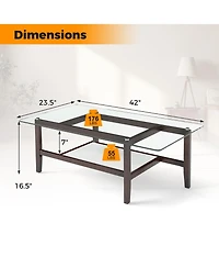 Gymax 2-Tier Glass Coffee Table w/ Storage Shelf Solid Rubber Wood Legs for Office