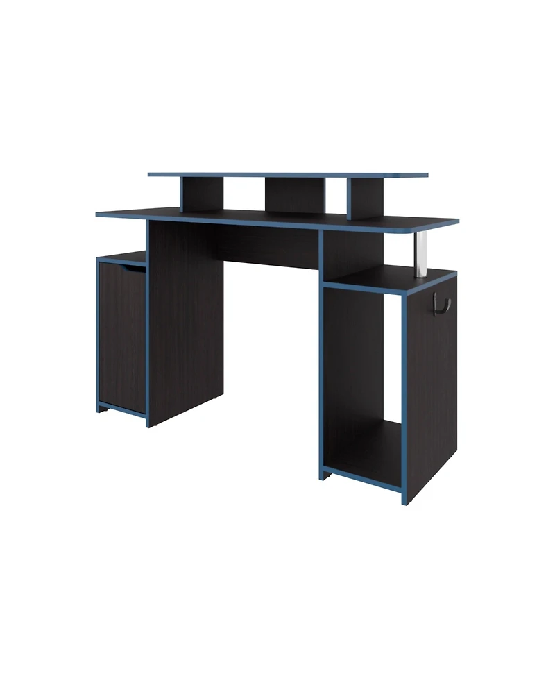 Flynama Blue Accent Gaming Desk with Elevated Monitor Shelf and Storage Compartments