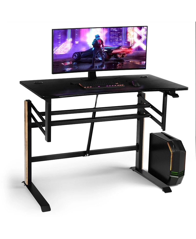 Gymax Pneumatic Height Adjustable Gaming Desk T Shaped Game Station w/Power Strip Tray