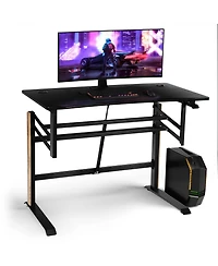 Gymax Pneumatic Height Adjustable Gaming Desk T Shaped Game Station w/Power Strip Tray