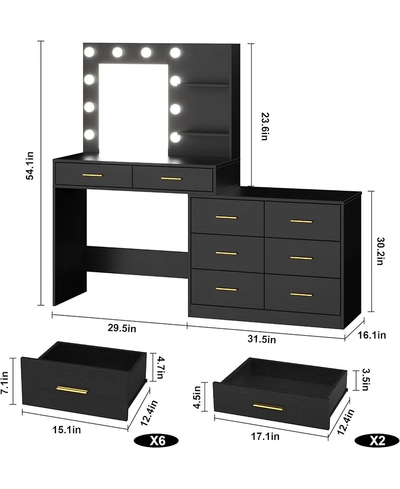 gaomon 61" Vanity Desk with Mirror and Lights, 8 Drawers & 2 Shelves, 3 Lighting Modes, Makeup Adjustable Brightness for Bedroom