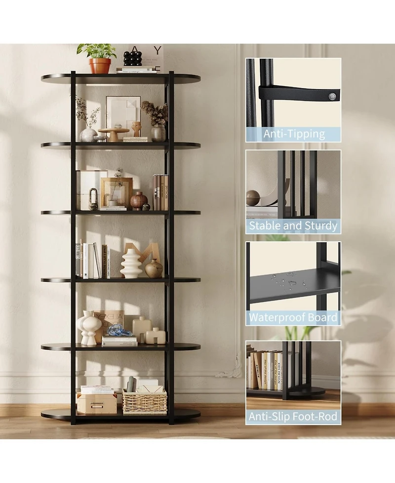 gaomon 6-Tier Wooden Bookshelf, 71" Industrial Tall Bookcase with Metal Frame