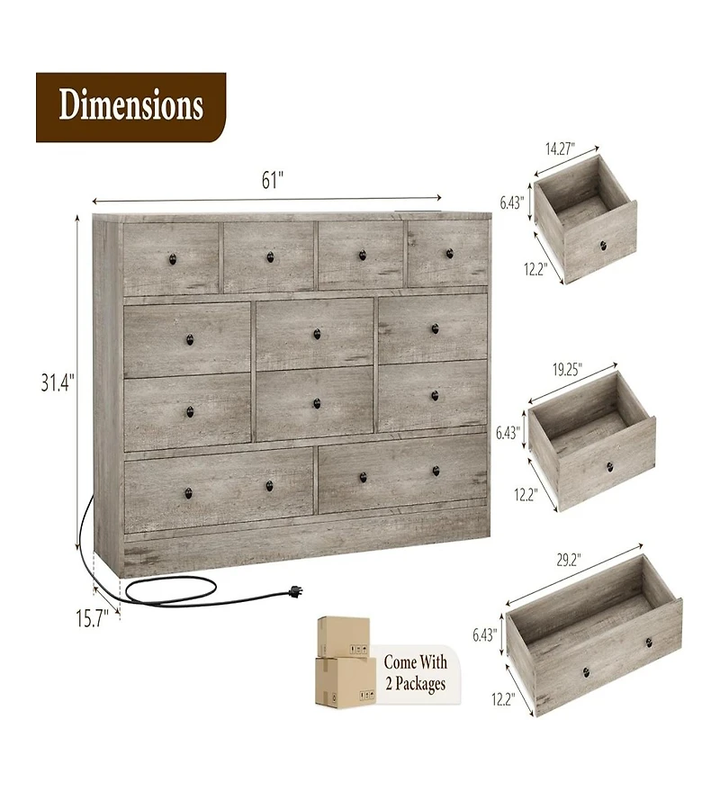 Gaomon 12 Drawer Dresser for Bedroom, 61 in Long Modern Grey Dresser Tv Stand with Charging Station