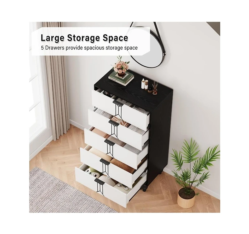 Gaomon 5-Drawer Wooden Oak & Gold Modern Tall Dresser with Deep Storage