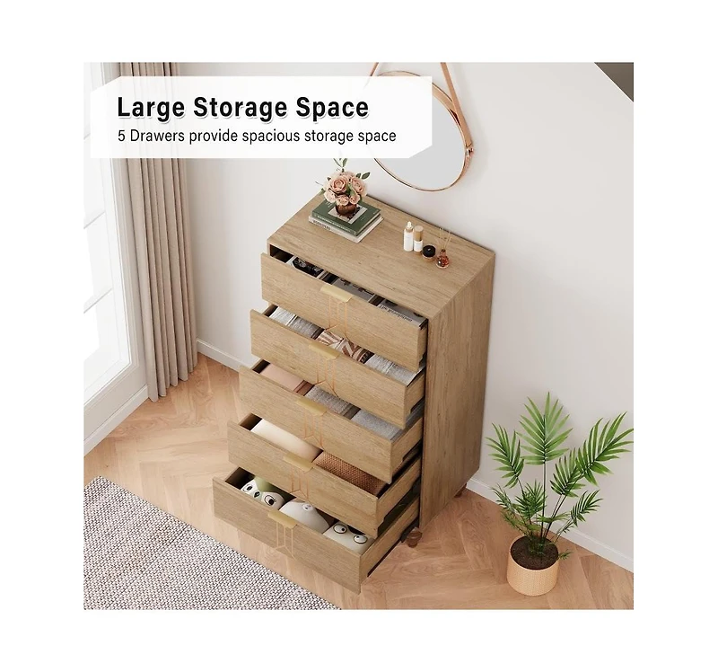 Gaomon 5-Drawer Wooden Oak & Gold Modern Tall Dresser with Deep Storage