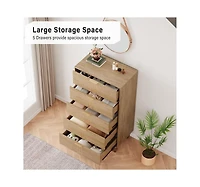 Gaomon 5-Drawer Wooden Oak & Gold Modern Tall Dresser with Deep Storage