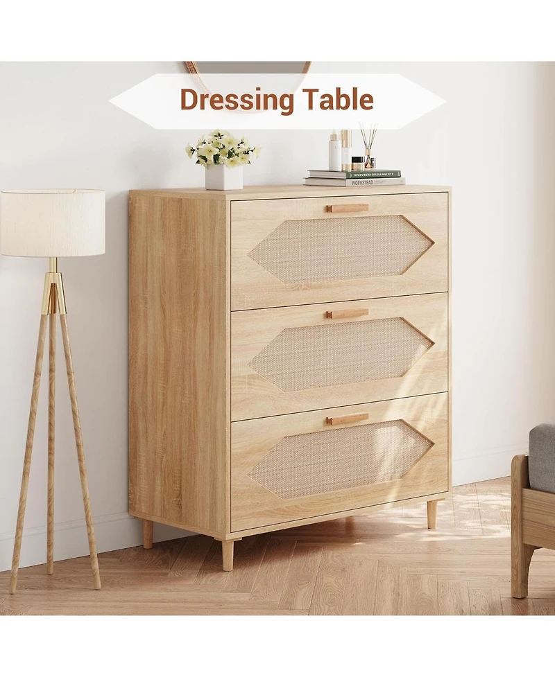 gaomon 3 Drawer Rattan Dresser for Bedroom, Rattan Modern Dresser Wood Chest of Drawers, Wooden Storage Cabinets for Bedrooms