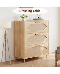 gaomon 3 Drawer Rattan Dresser for Bedroom, Rattan Modern Dresser Wood Chest of Drawers, Wooden Storage Cabinets for Bedrooms