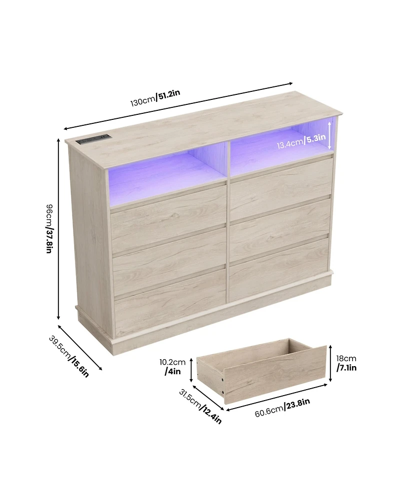 Gaomon Dresser for Bedroom with 6 Drawers, Modern Chest Featuring Led Lights and Charging Station, Spacious Storage Cabinet