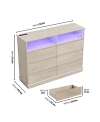 Gaomon Dresser for Bedroom with 6 Drawers, Modern Chest Featuring Led Lights and Charging Station, Spacious Storage Cabinet