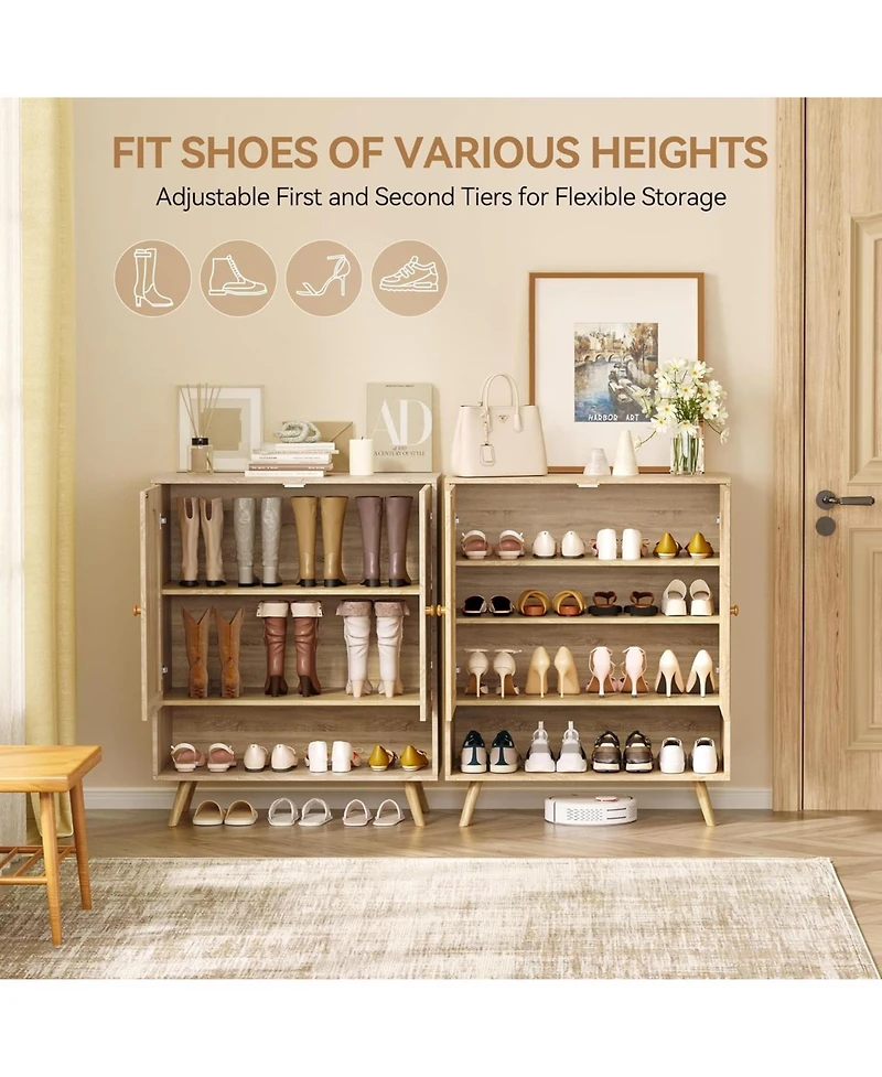 Gaomon Rattan Shoe Cabinet with Doors, 4-Tier Entryway Shoe Organizer with Woven Rattan Panels and Adjustable Shelves for Hallway or Living Room