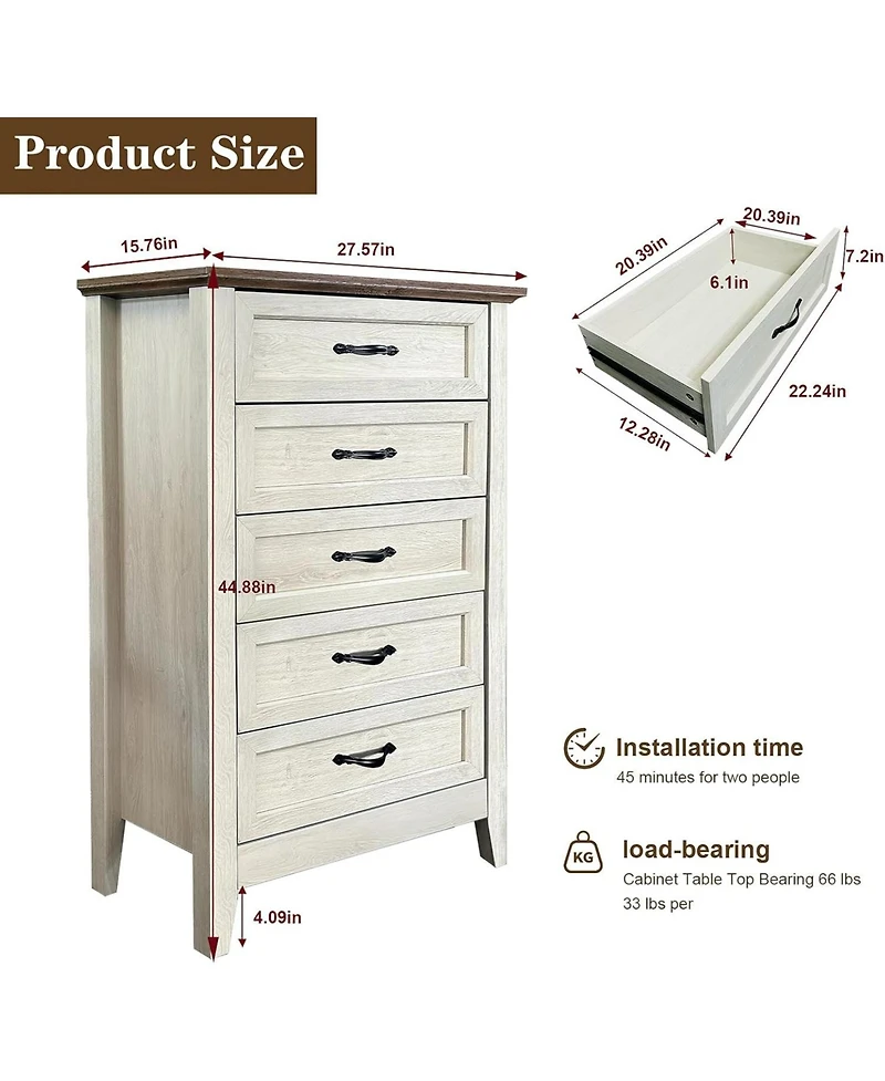 gaomon Vintage Style 5-Drawer Wood Dresser, Tall Storage Chest for Closet, Kids Bedroom, Nursery, Hallway, or Living Room