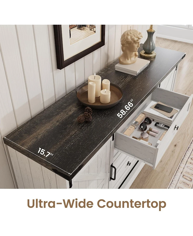 Gaomon 59" Farmhouse 4-Drawer Dresser with Sliding Barn Doors, Wide Tv Stand and Storage Chest for Bedroom or Closet