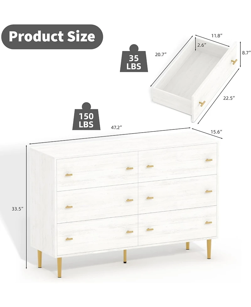Gaomon White Rustic 6-Drawer Bedroom Dresser, 47.2" Wide Vintage Chest with Bar Handles